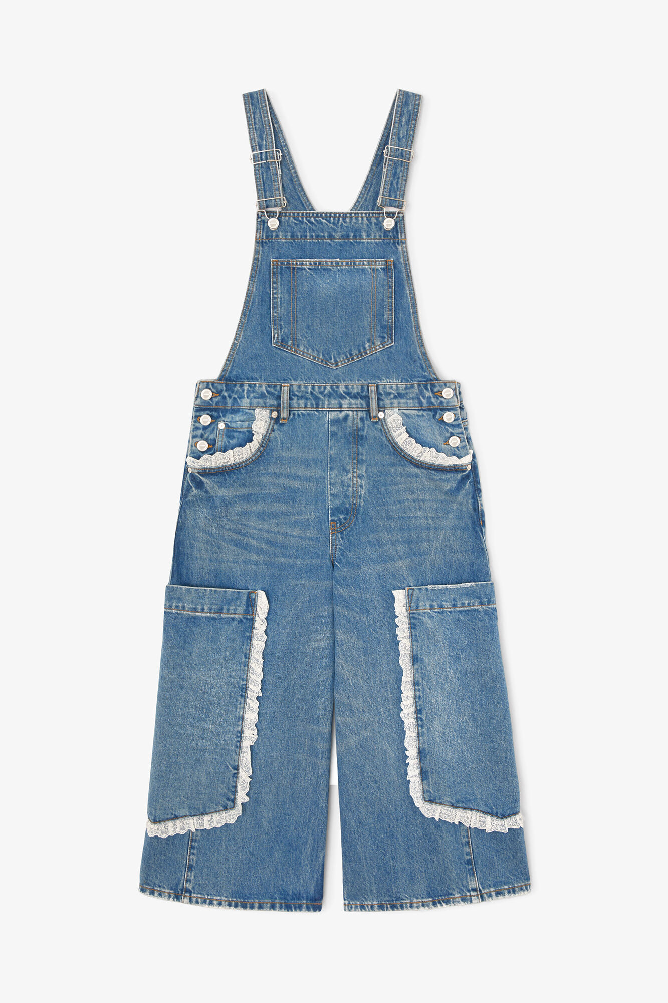Overalls Cropped Lace in Rigid Denim, Organic Cotton, in colour Dark Blue Vintage - 1 - GANNI