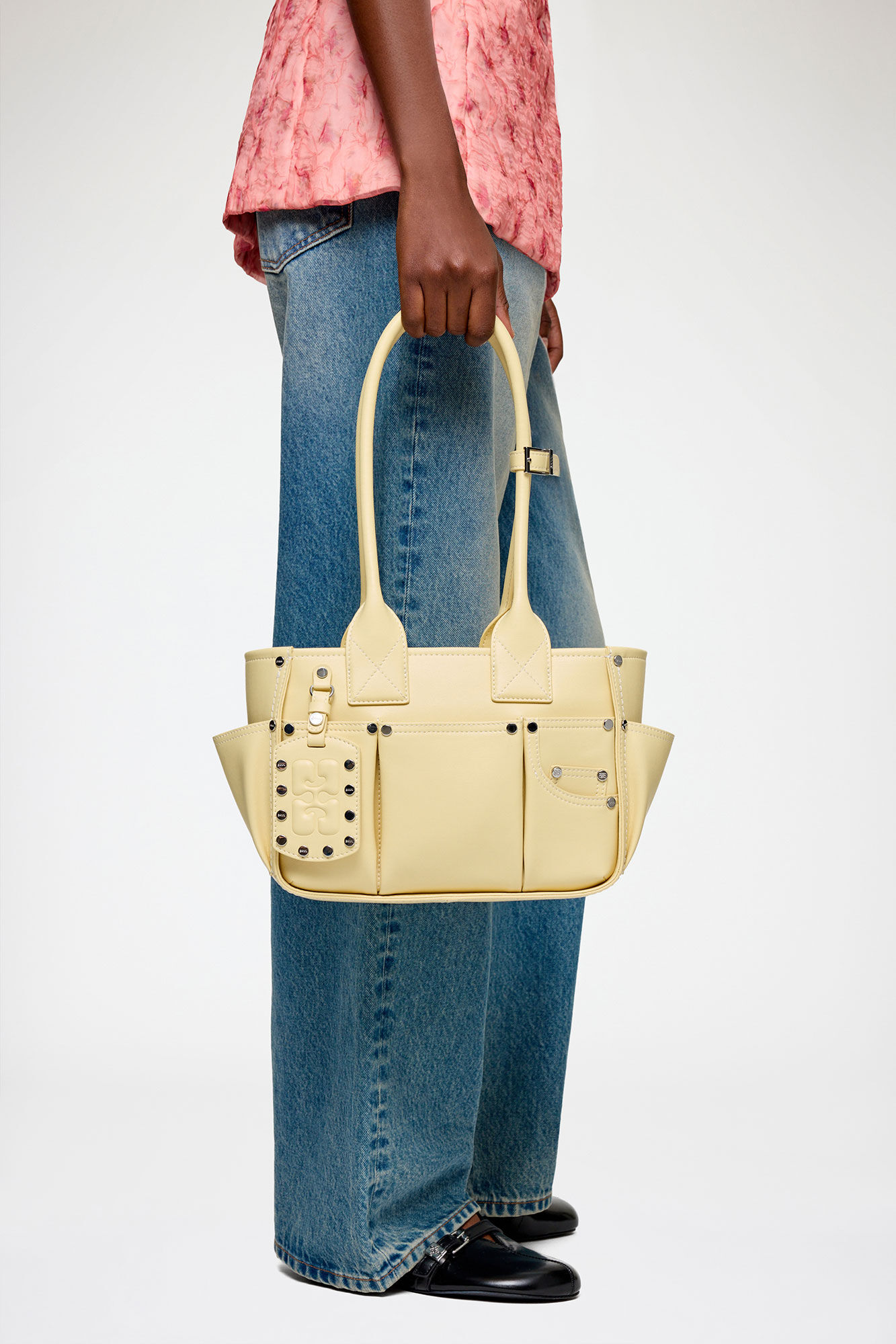 Small Posy Bag in Yellow, Recycled Leather, in colour Yellow Cream - 2 - GANNI