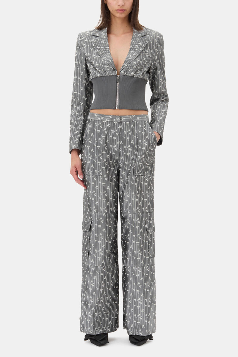 Grey Jacquard Cropped Blazer, Acetate, in colour Smoked Pearl - 2 - GANNI