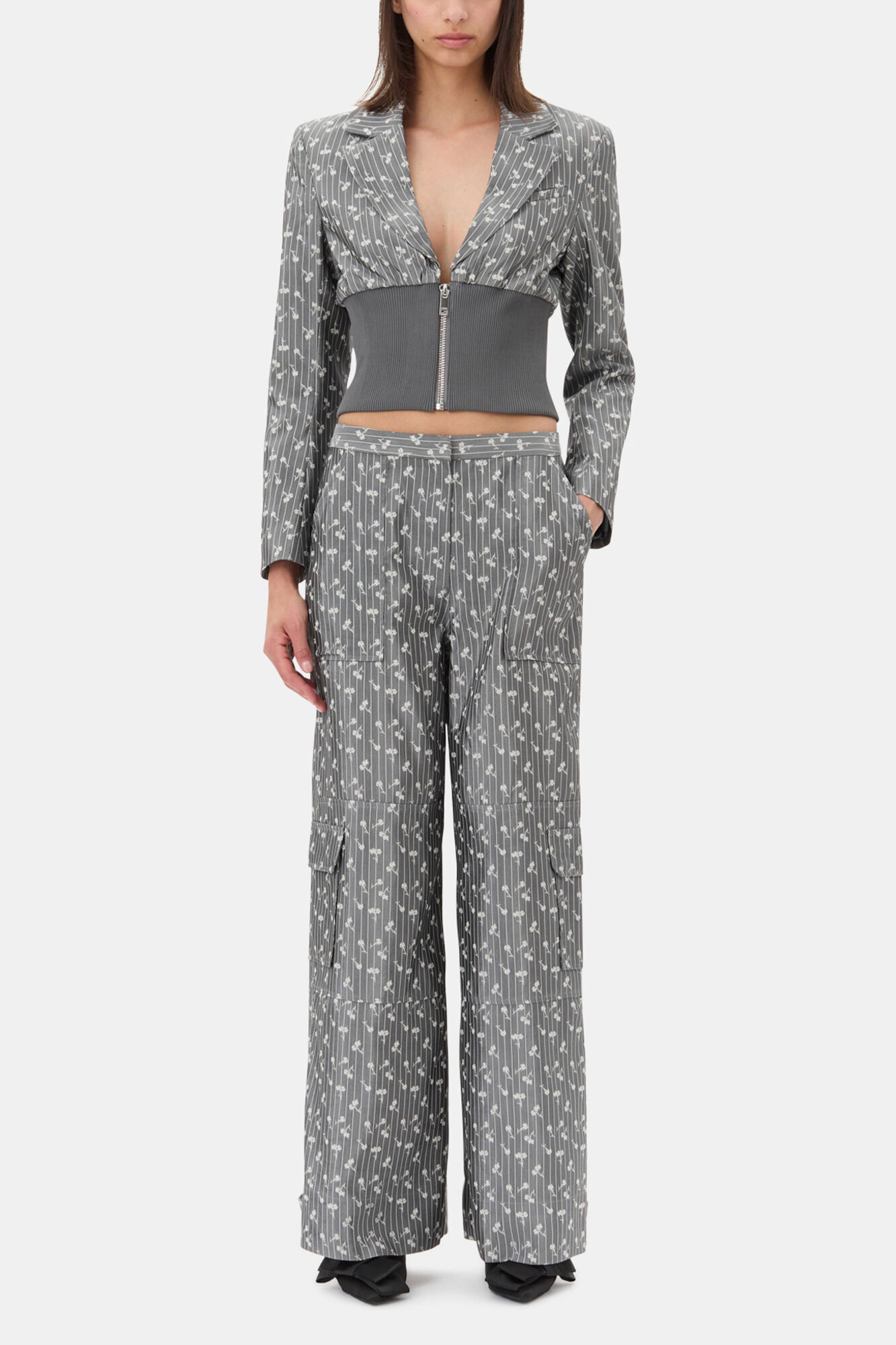 Grey Jacquard Cropped Blazer, Acetate, in colour Smoked Pearl - 2 - GANNI