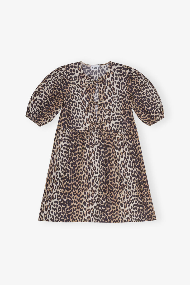 Leopard Printed Cotton Tie String Mini Dress, Organic Cotton, in colour Leopard - 1 - GANNI