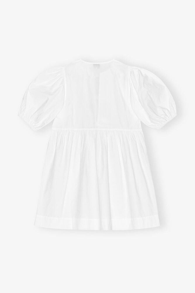 White Cotton Poplin Tie String Mini Dress, Bright White