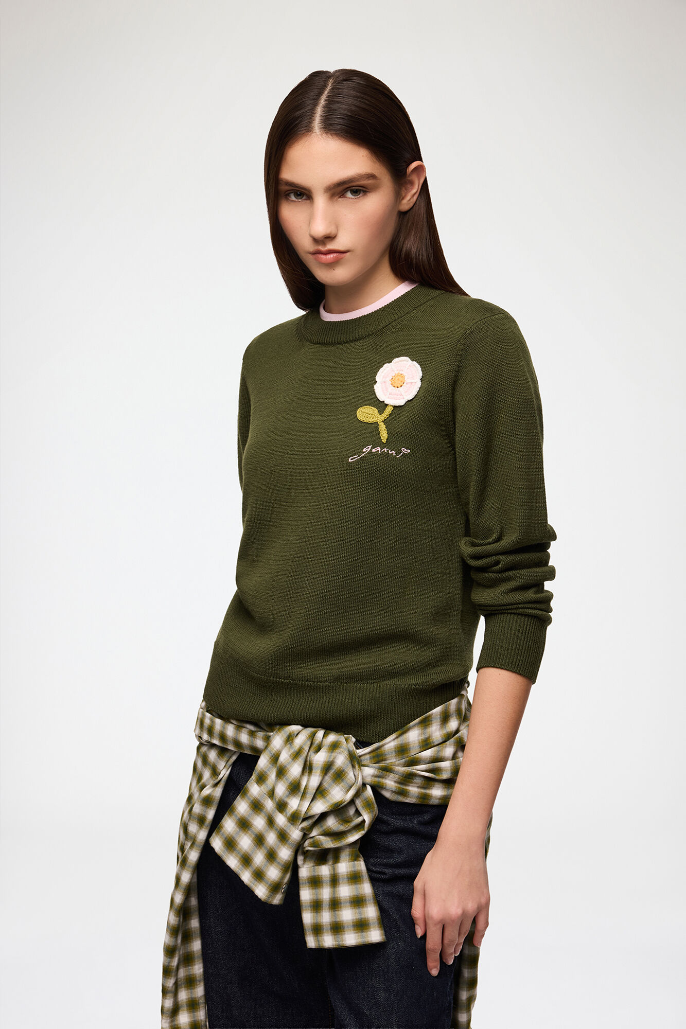 Jumper with Crochet Flower, Wool, in colour Dark Green - 1 - GANNI