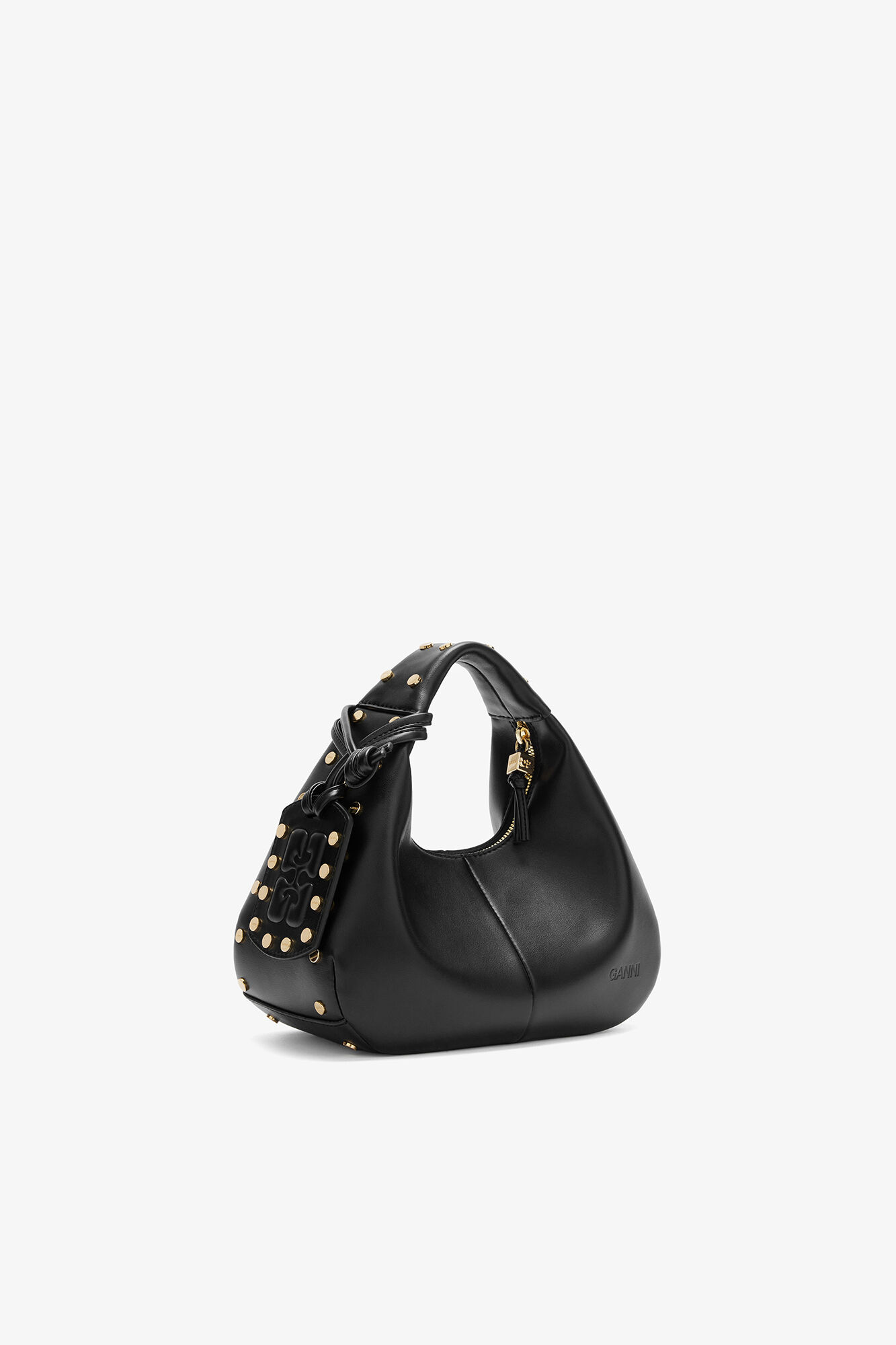 Mini-Hobo-Tasche mit Nieten in Schwarz, Recycled Leather, in colour Black - 2 - GANNI