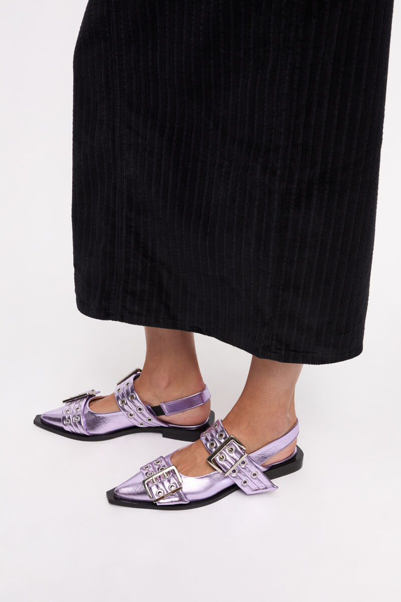 Pink Metallic Feminine Buckle Ballerinas, Recycled Leather, in colour Pink Lavender - 2 - GANNI