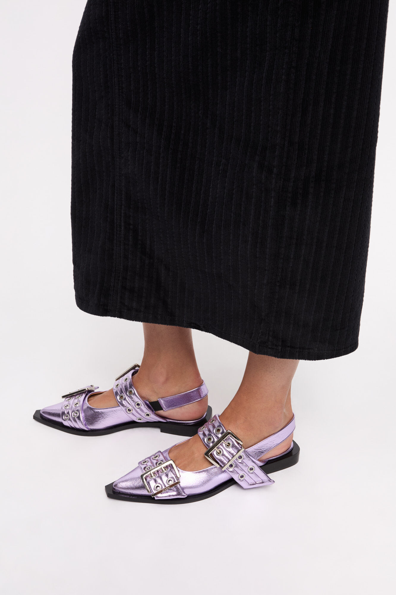 Pink Metallic Feminine Buckle Ballerinas, Recycled Leather, in colour Pink Lavender - 2 - GANNI