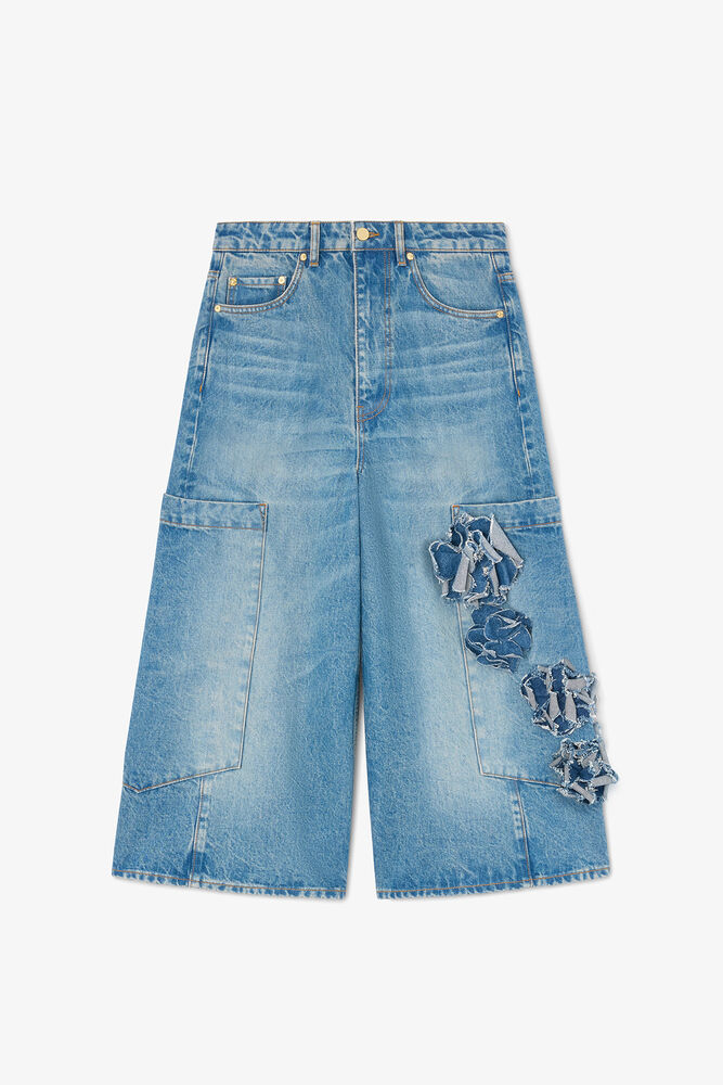 Baggy croppade jeans i styv denim, Mid Blue Stone