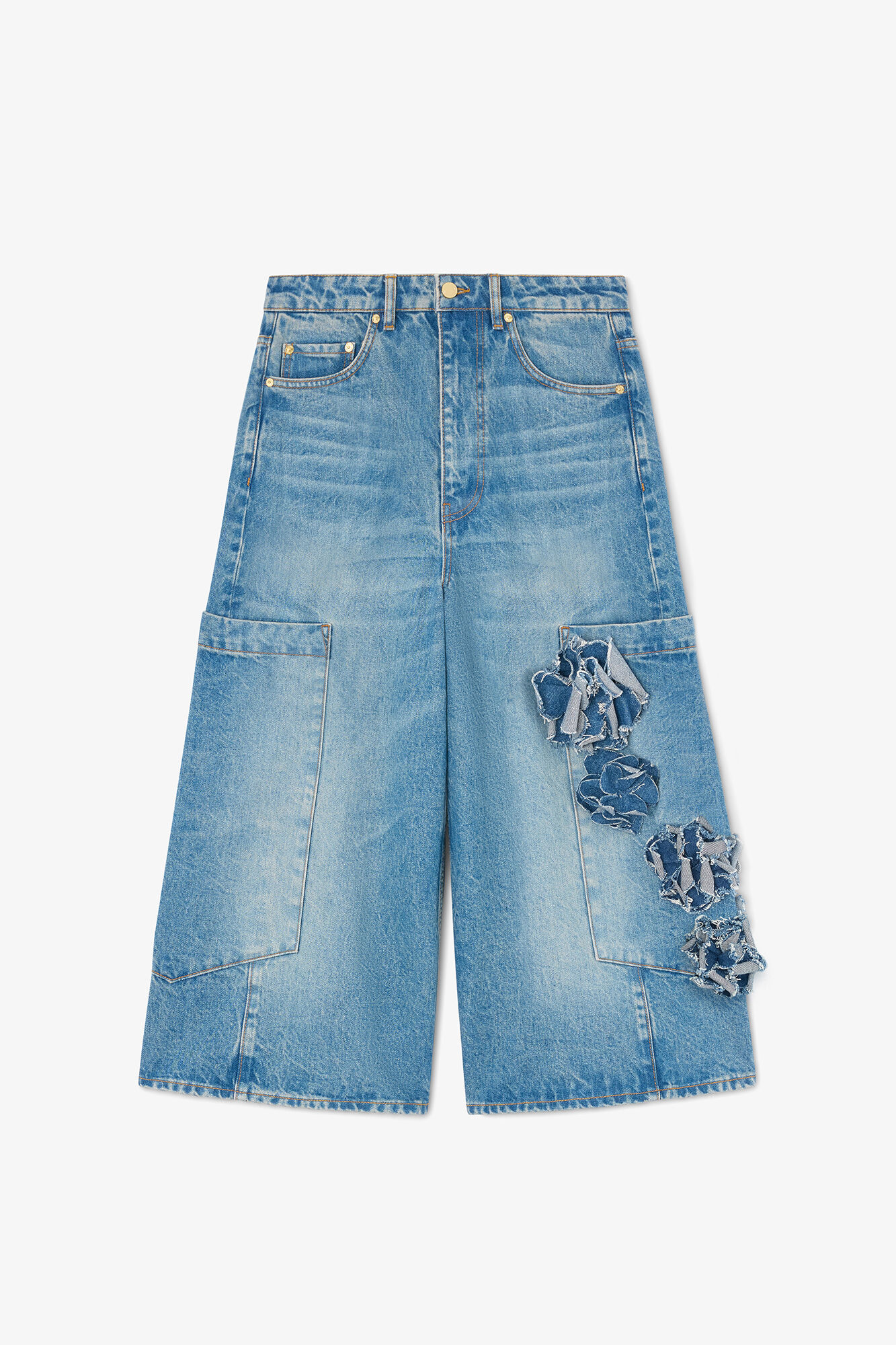 Baggy Cropped Jeans in Flower Print Denim, Organic Cotton, in colour Mid Blue Stone - 1 - GANNI