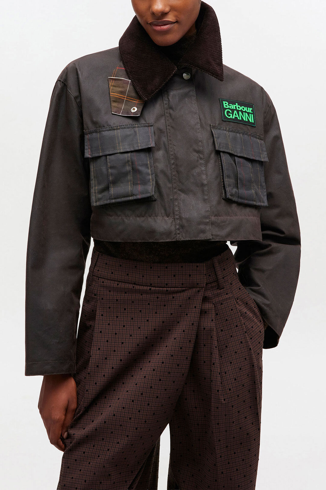 Peplum Wax Jacket in Green, Cotton, in colour Ganache - 4 - GANNI