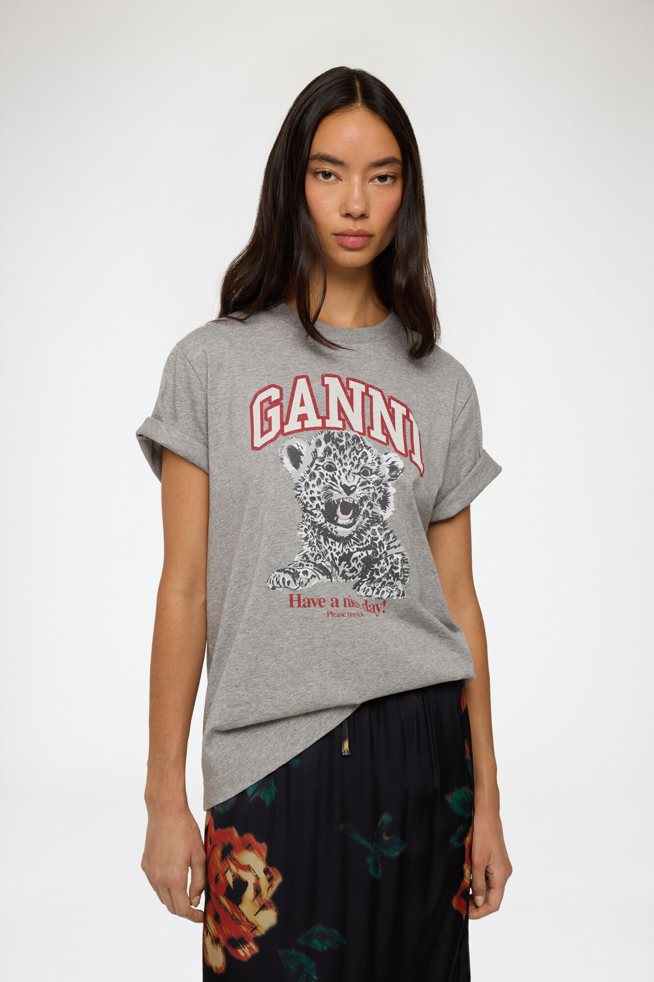T-shirt with Tiger, Organic Cotton, in colour Paloma - 1 - GANNI