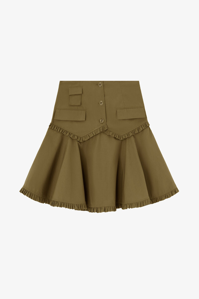 Skirt in Stretch Cotton, Organic Cotton, in colour Military Olive - 1 - GANNI