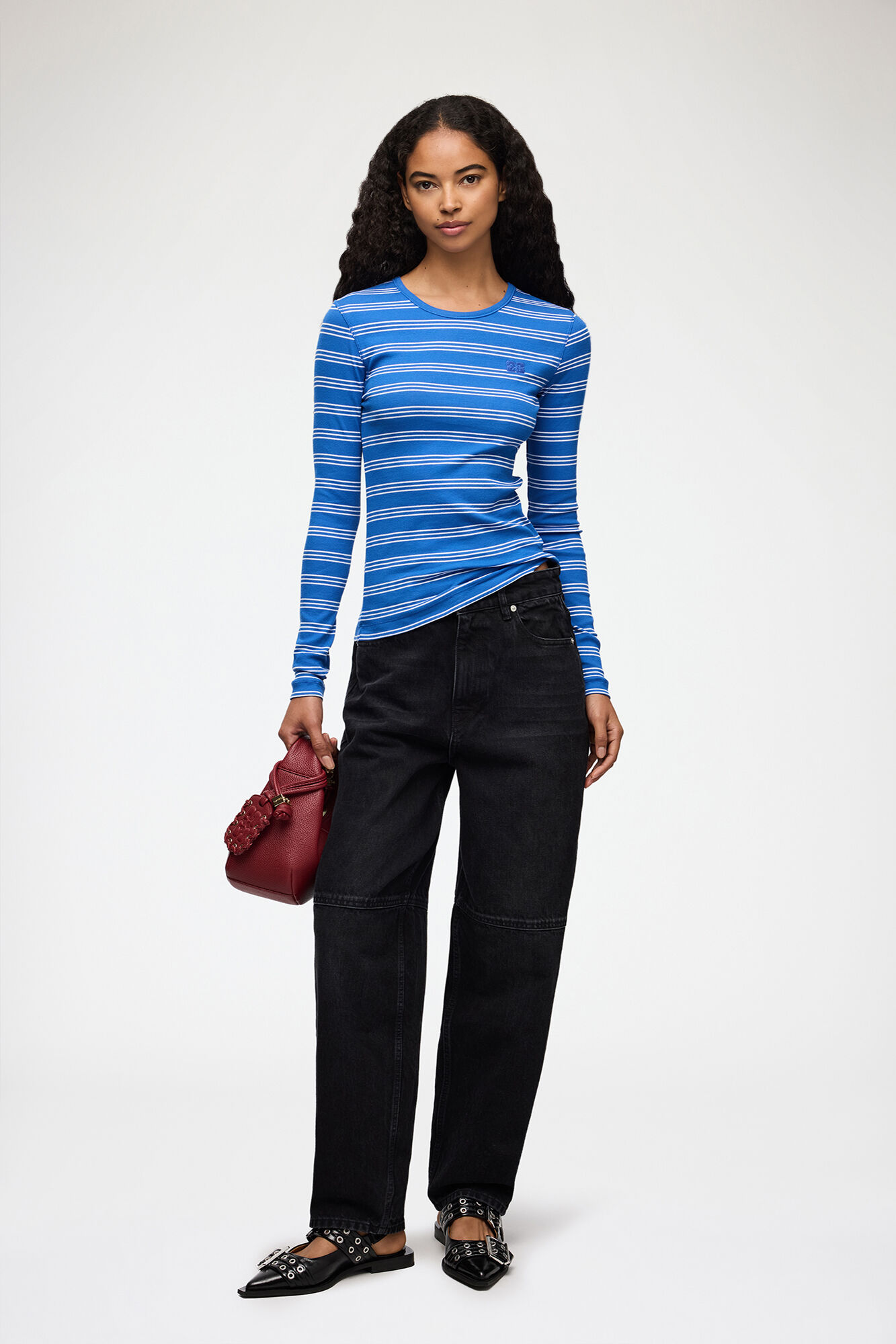Long-sleeve Top with Stripes, Organic Cotton, in colour Nouvean Navy - 2 - GANNI