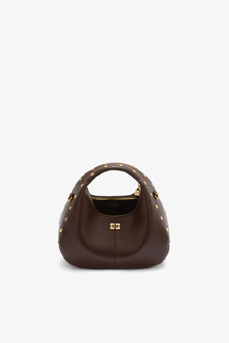 Mini Hobo Bag with Studs in Brown, Recycled Leather, in colour Chicory Coffee - 3 - GANNI