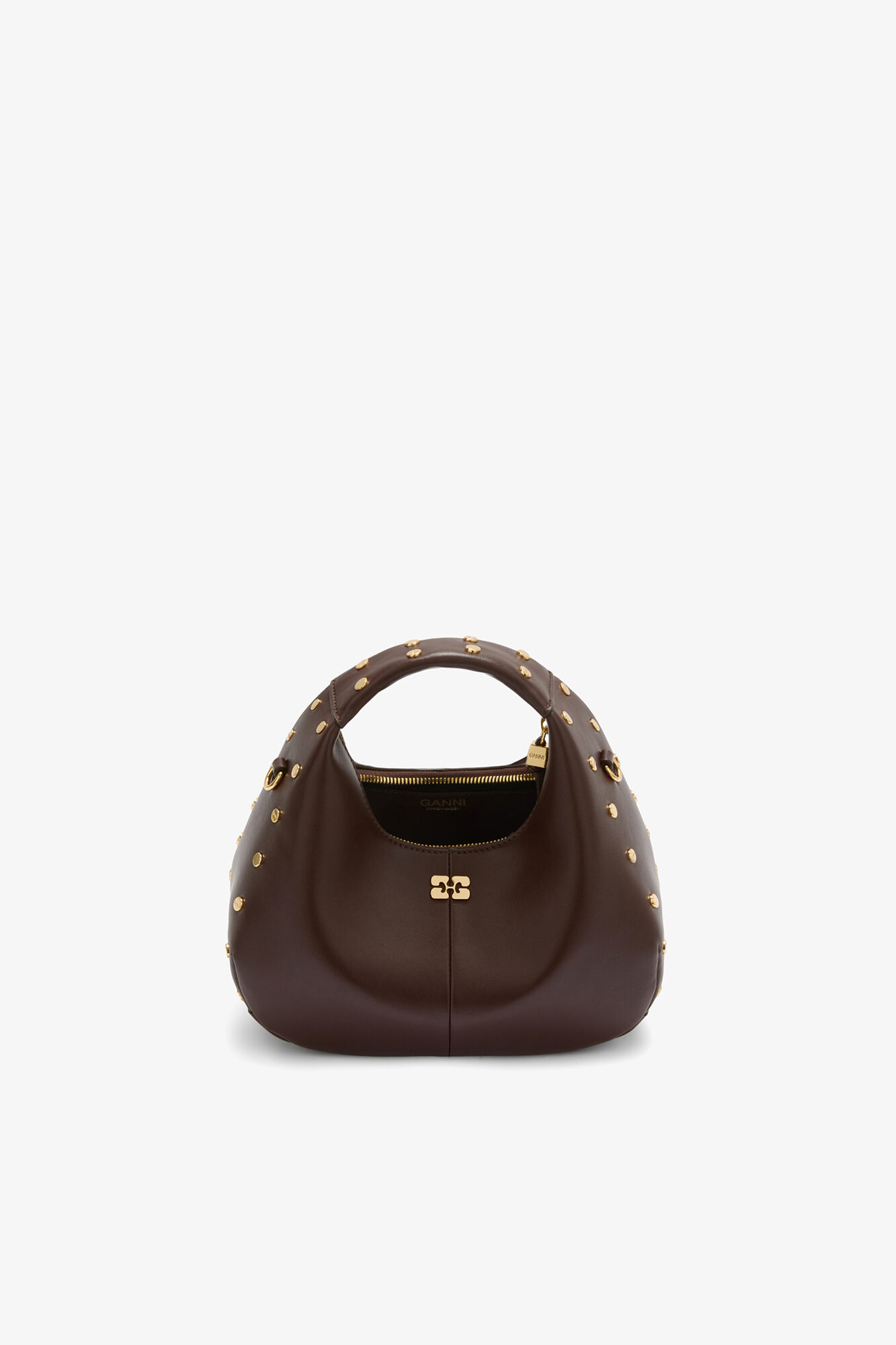 Mini Hobo Bag with Studs in Brown, Recycled Leather, in colour Chicory Coffee - 3 - GANNI