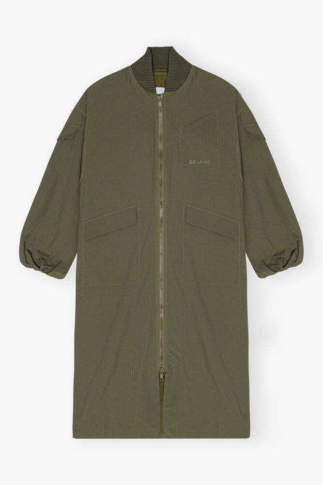 Green Tech Seersucker Oversized Shell Coat, Beetle