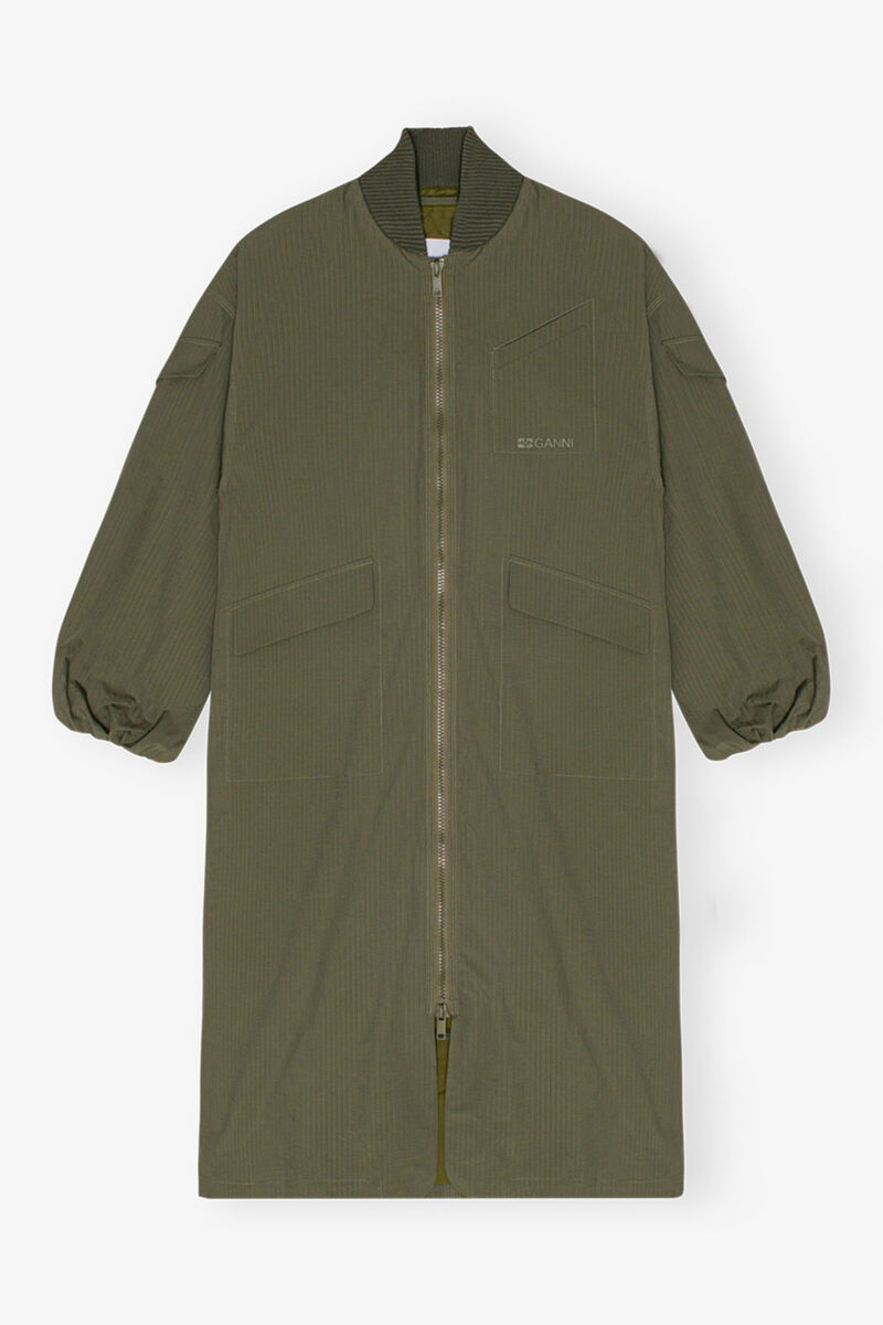 Green Tech Seersucker Oversized Shell Coat, Recycled Polyester, in colour Beetle - 1 - GANNI