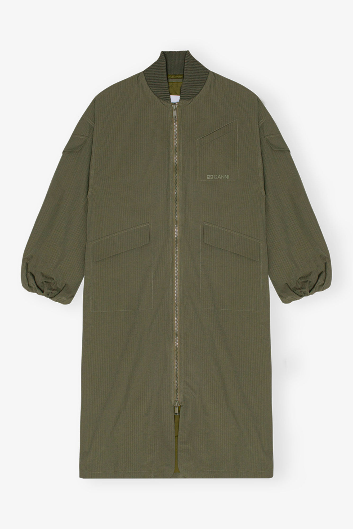 Green Tech Seersucker Oversized Shell Coat, Recycled Polyester, in colour Beetle - 1 - GANNI