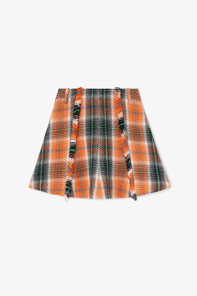 Skirt in Check Wool, Mandarin Orange