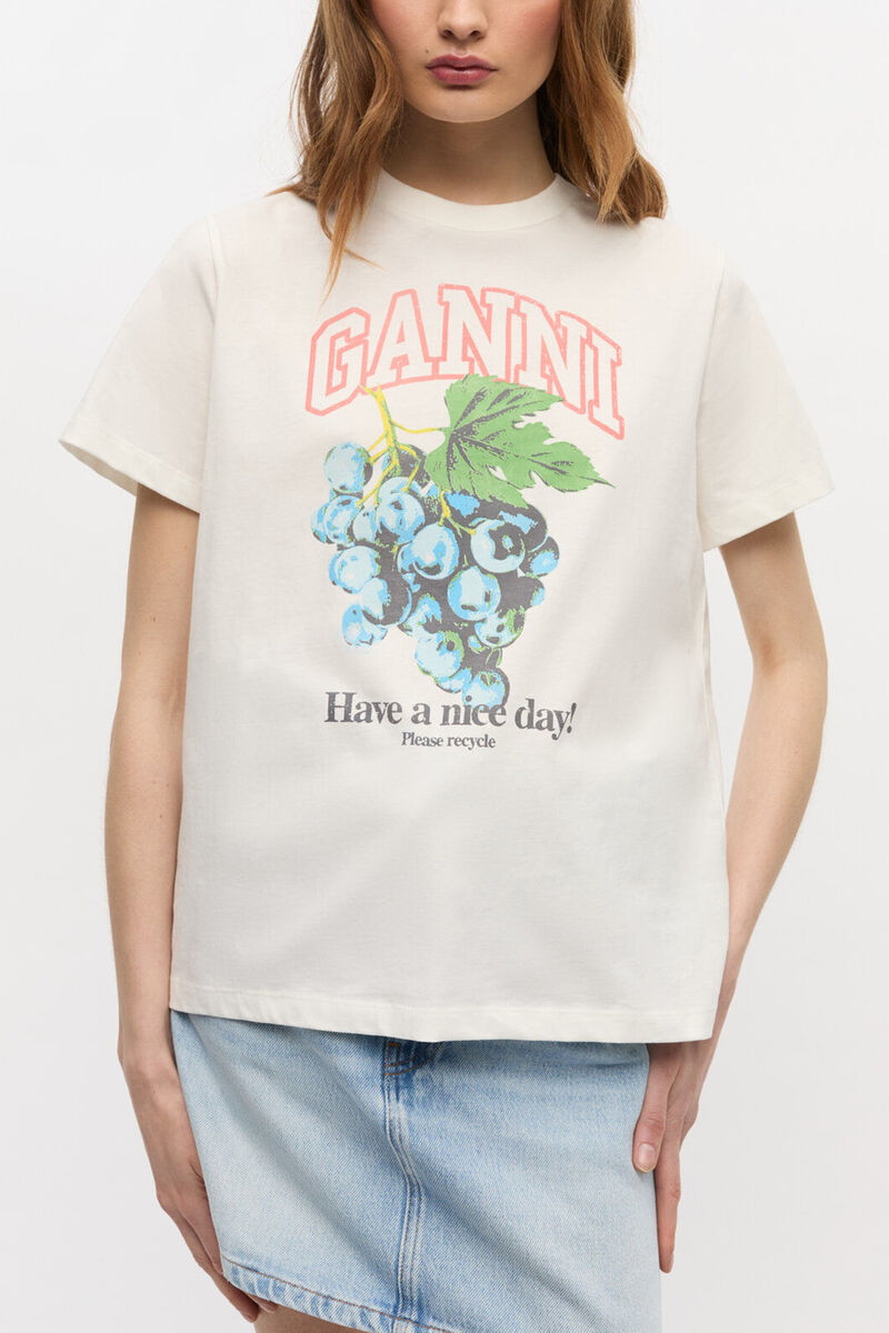 Ivory Grapes Print T-shirt, Organic Cotton, in colour Egret - 1 - GANNI