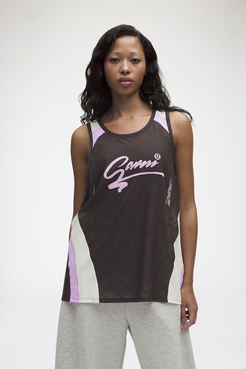 Jacquard Mesh Tank, Recycled Polyamide, in colour Espresso - 1 - GANNI