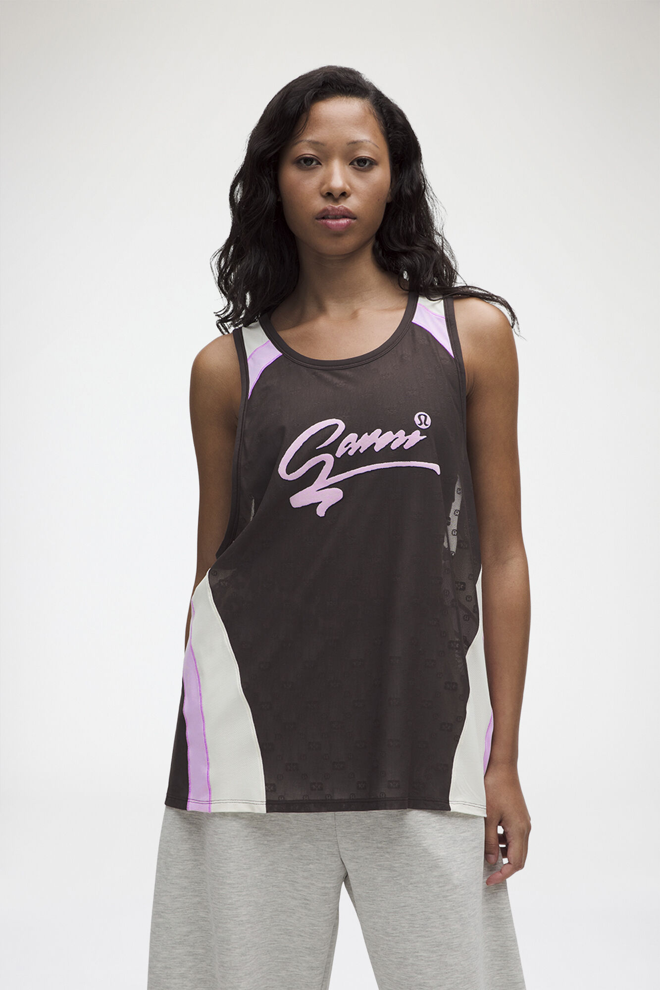 Jacquard Mesh Tank, Recycled Polyamide, in colour Espresso - 1 - GANNI