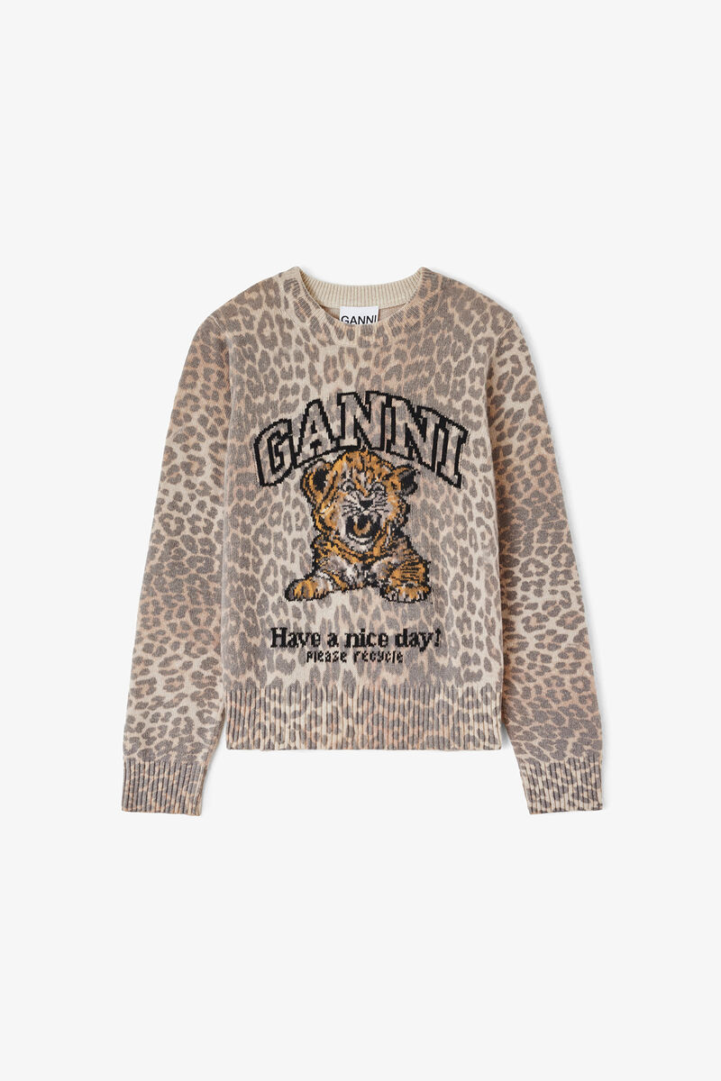 Jumper with Tiger, Wool, in colour Almond Milk - 1 - GANNI