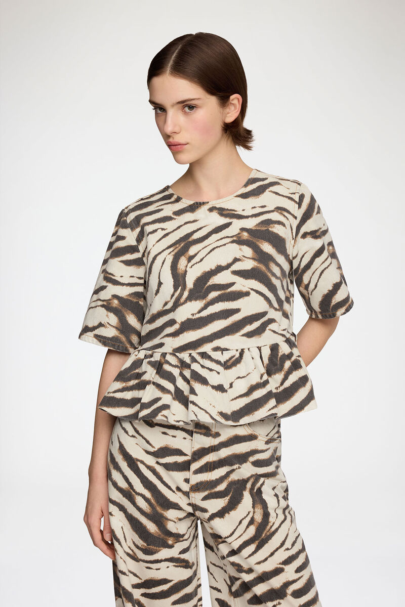 Top in Zebra Denim, Organic Cotton, in colour Egret - 1 - GANNI