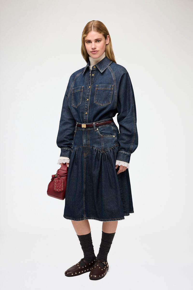 Skirt in Textured Slub Denim, Recycled Cotton, in colour Dark Blue Vintage - 1 - GANNI