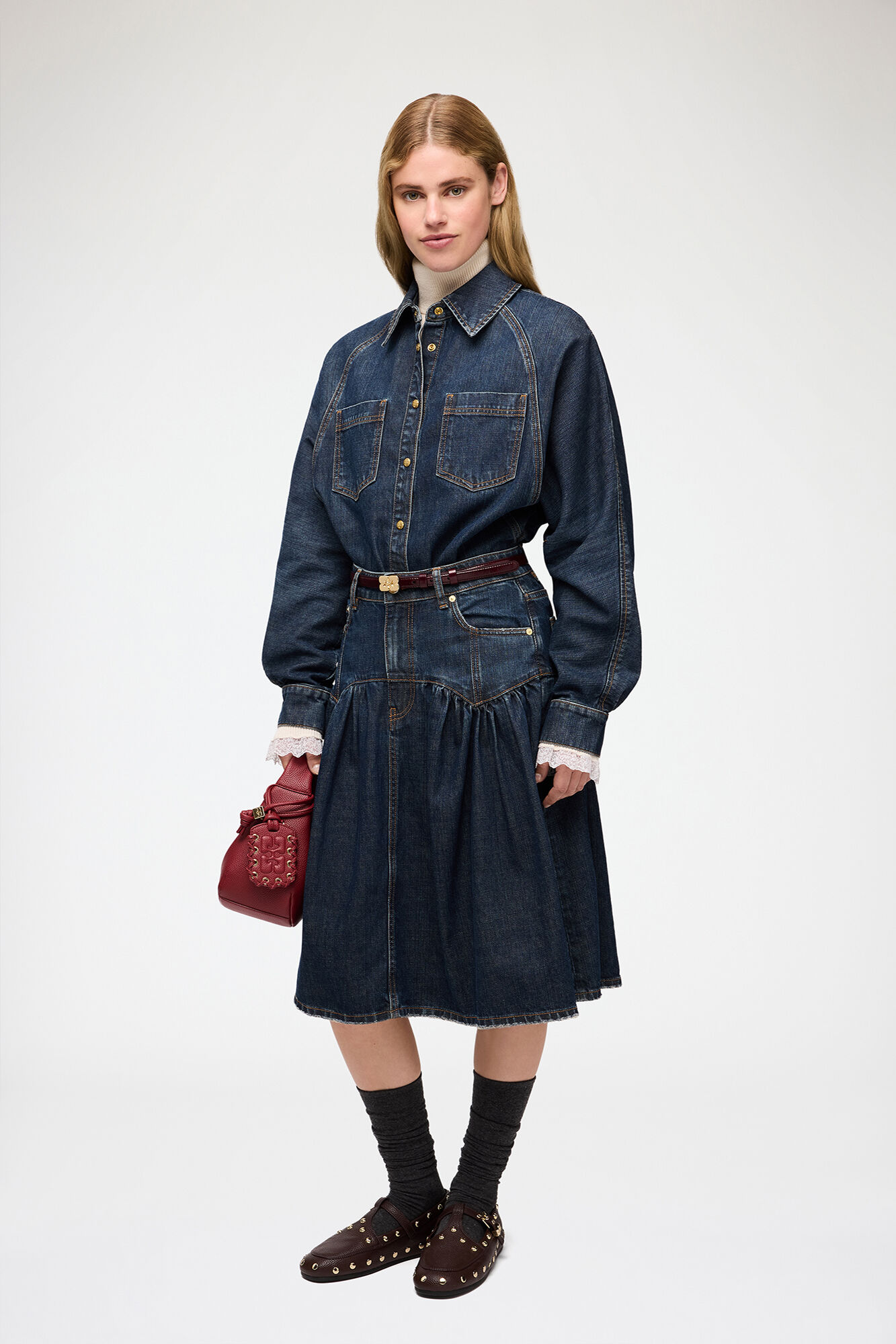 Skirt in Textured Slub Denim, Recycled Cotton, in colour Dark Blue Vintage - 1 - GANNI