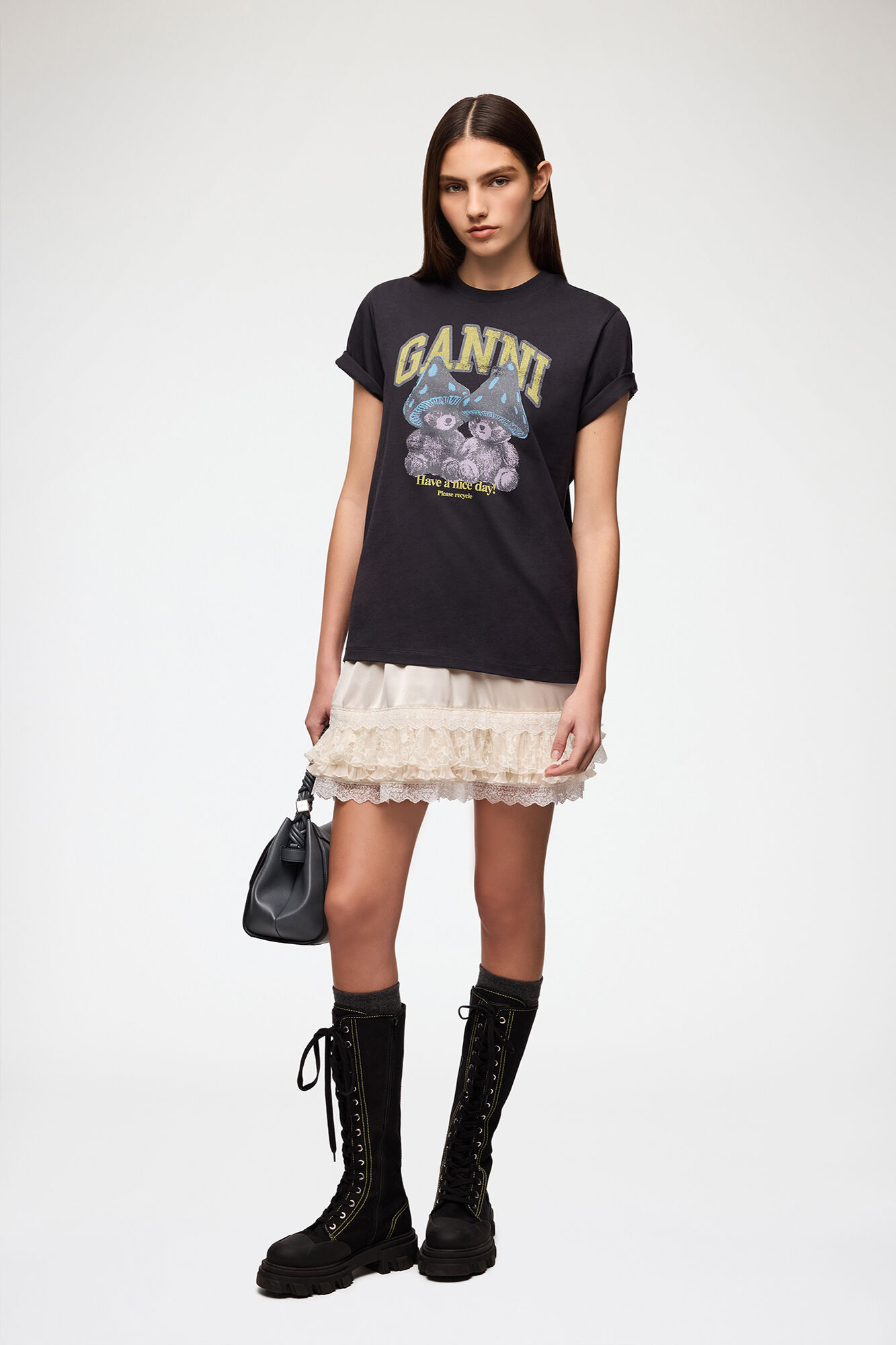T-shirt with Mushroom Teddy, Organic Cotton, in colour Phantom - 2 - GANNI