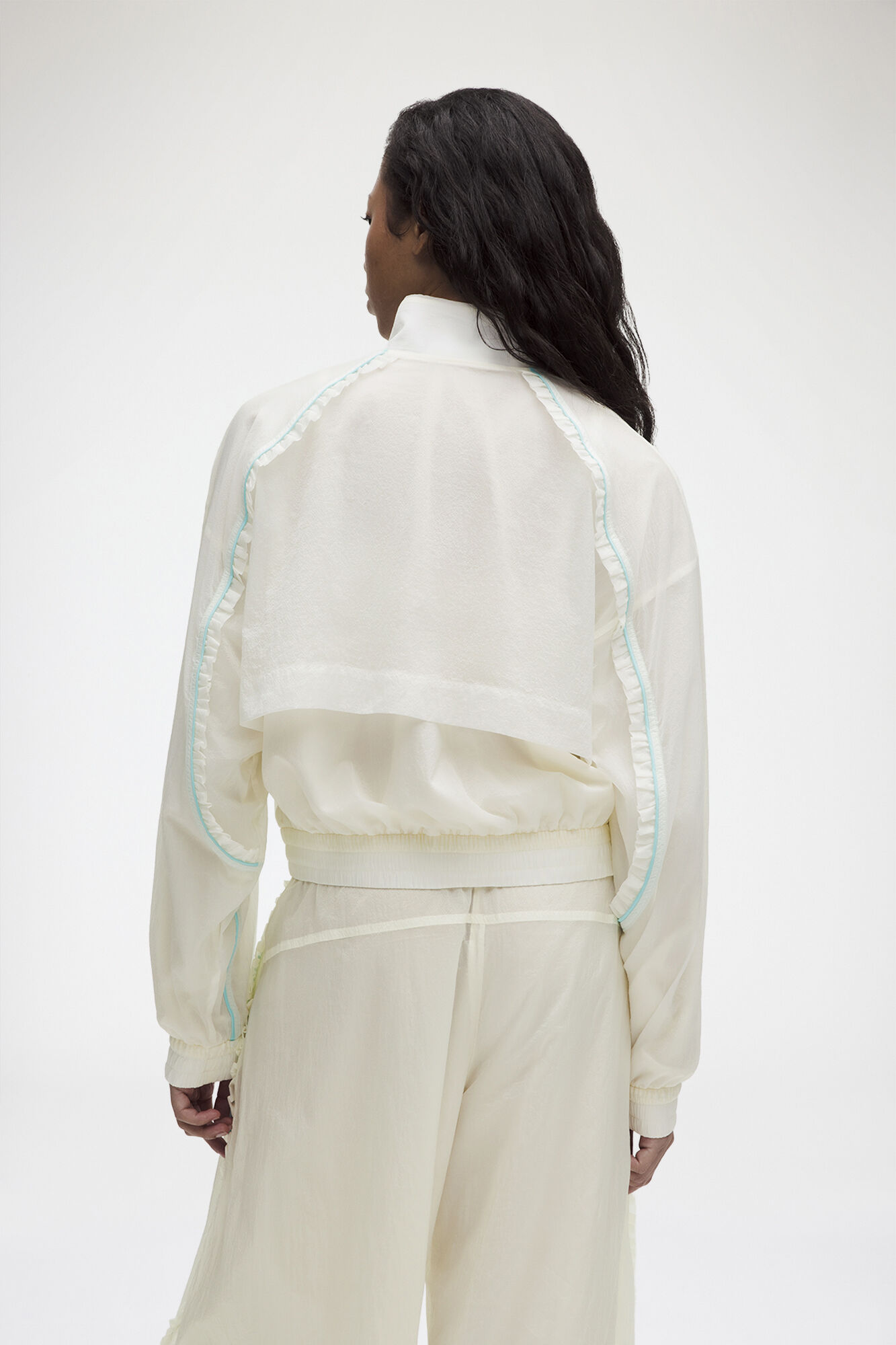 Ruffle-Trim Textured Jacket, Recycled Polyamide, in colour Coconut Ivory - 3 - GANNI