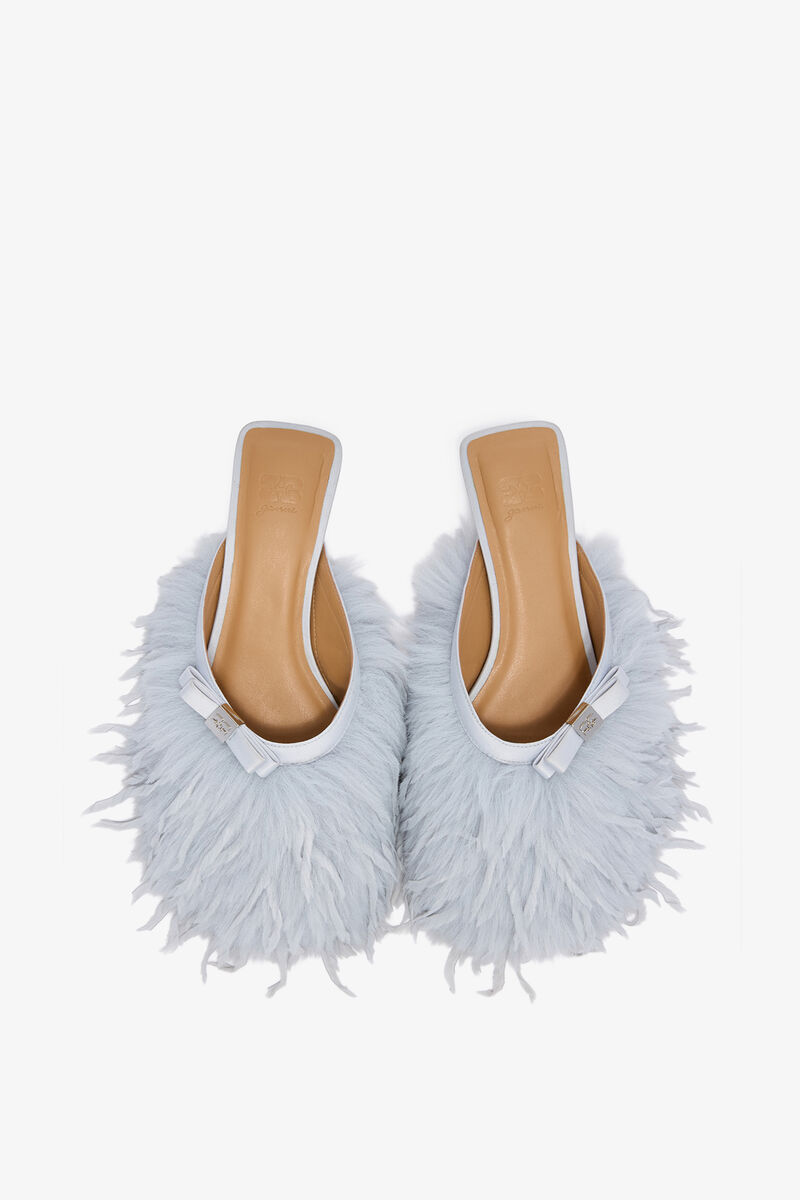Sue Kitten Heel Mules in Blue Ostrich, Polyester, in colour Quiet Shade - 3 - GANNI