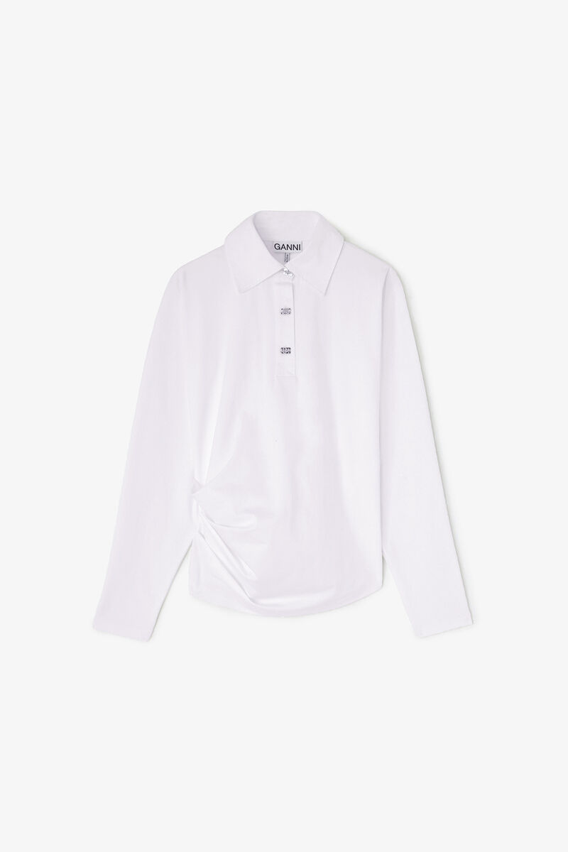 Polo Shirt in White Jersey, Organic Cotton, in colour Bright White - 1 - GANNI