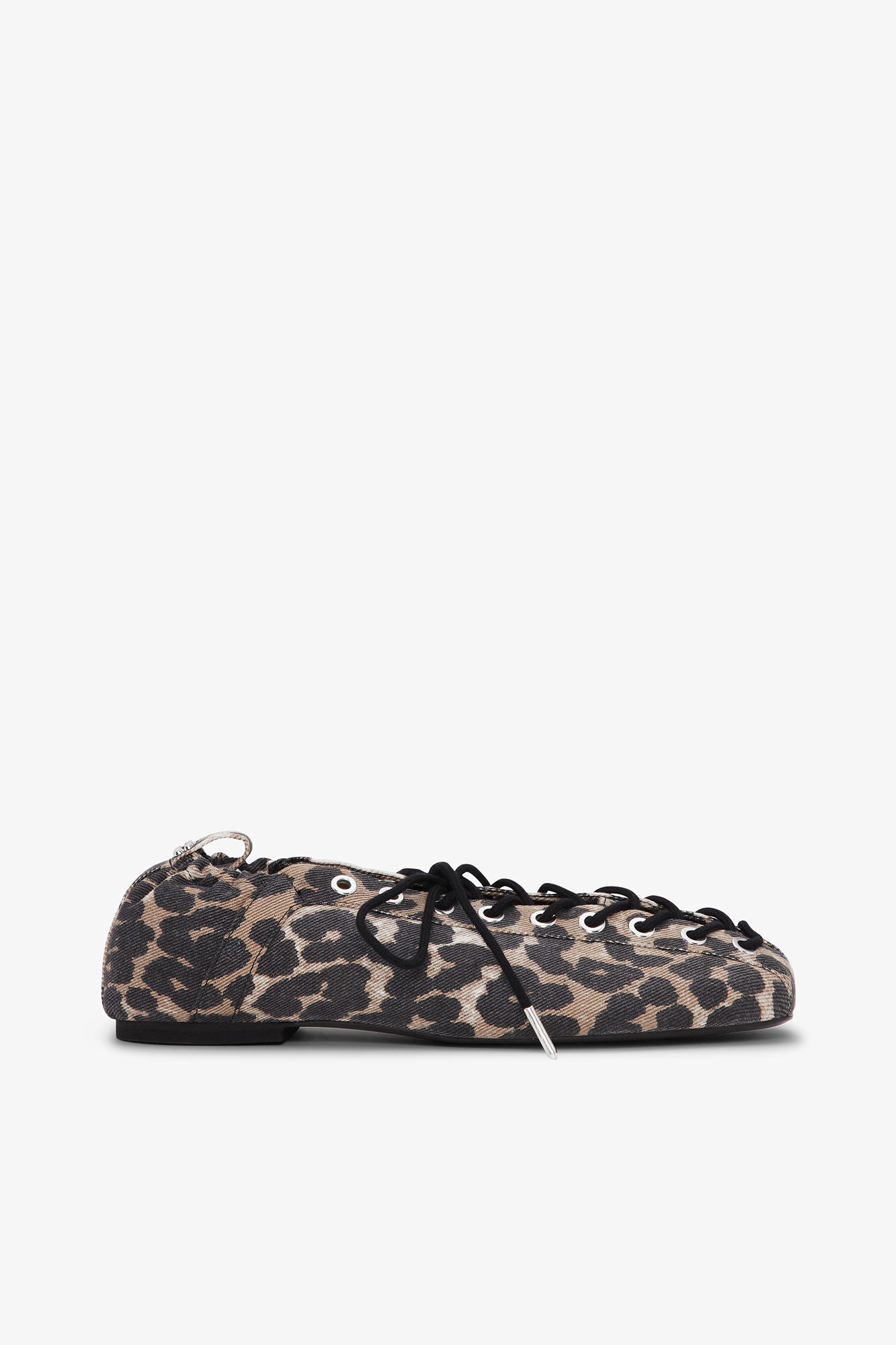 Lace-Up Ballerinas in Leopard Denim, Organic Cotton, in colour Leopard - 1 - GANNI