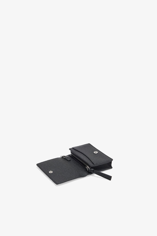 Bou Card Holder with Flap in Grained Black, Black
