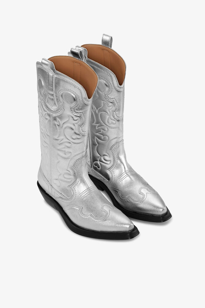 Silver Mid Shaft Embroidered Western Boots, Silver