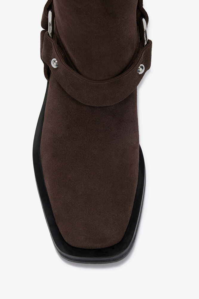 Mid Shaft Biker Boot in Brown Suede, Chicory Coffee
