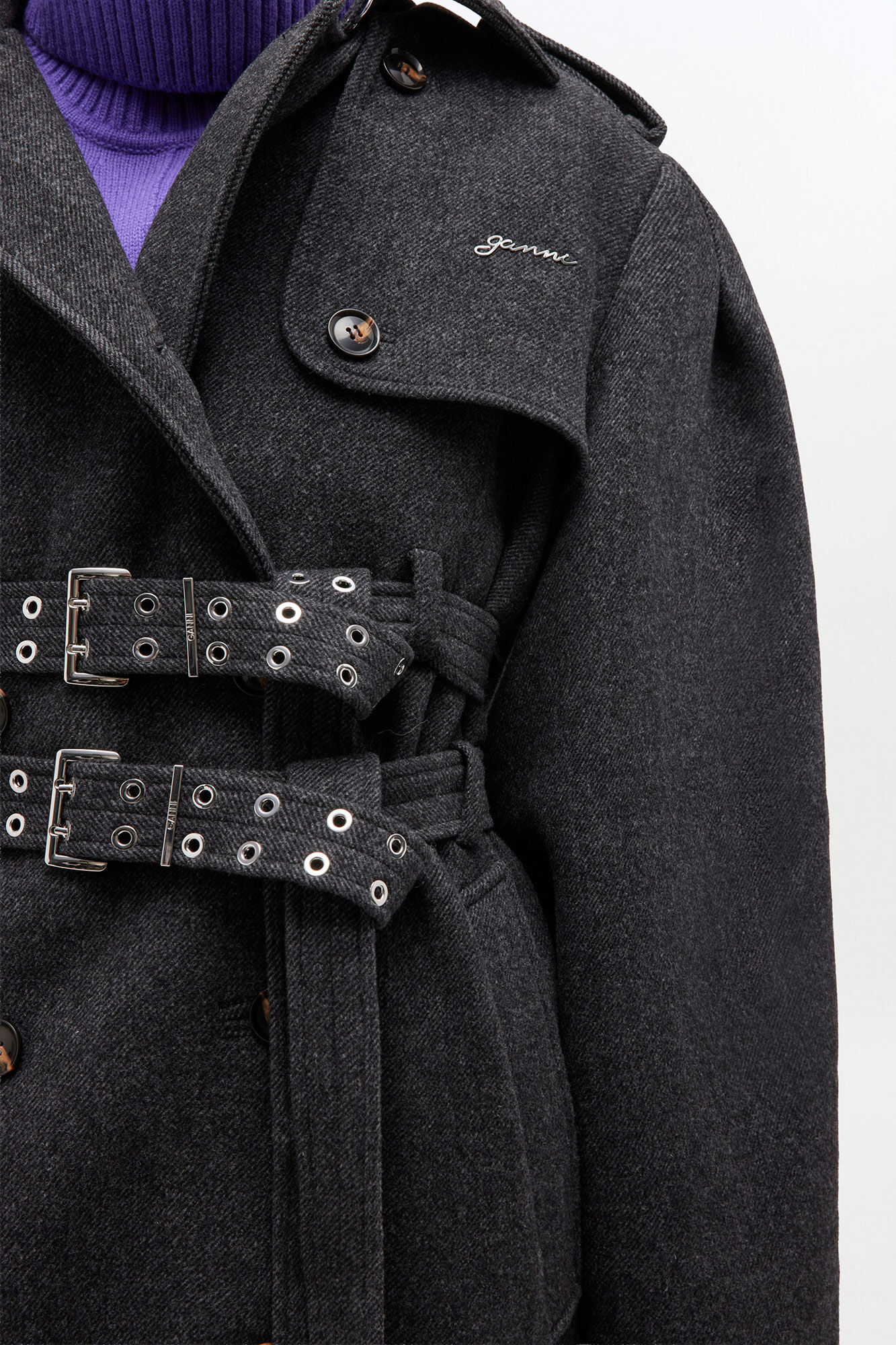 Wool Trench Coat, Wool, in colour Phantom - 3 - GANNI