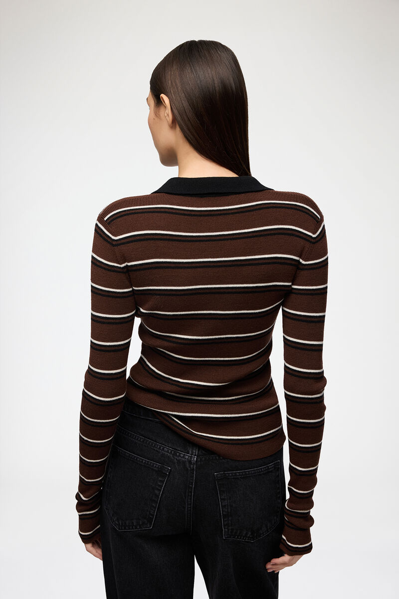 Polo Shirt in Striped Merino, Wool, in colour Multicolour - 3 - GANNI