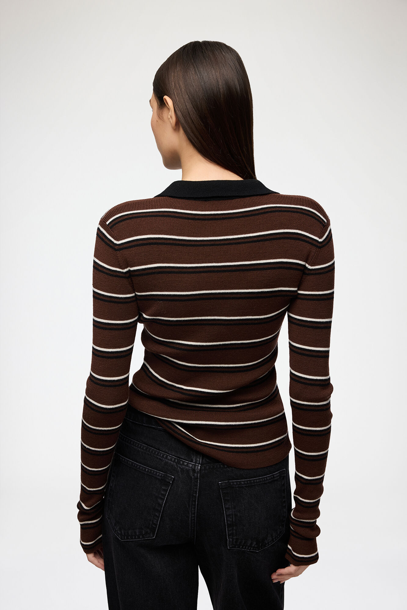 Polo Shirt in Striped Merino, Wool, in colour Multicolour - 3 - GANNI