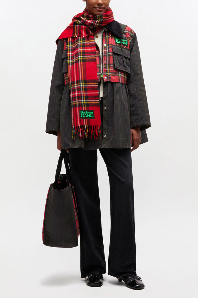 Peplum Wax Jacket in Tartan, Dark Green