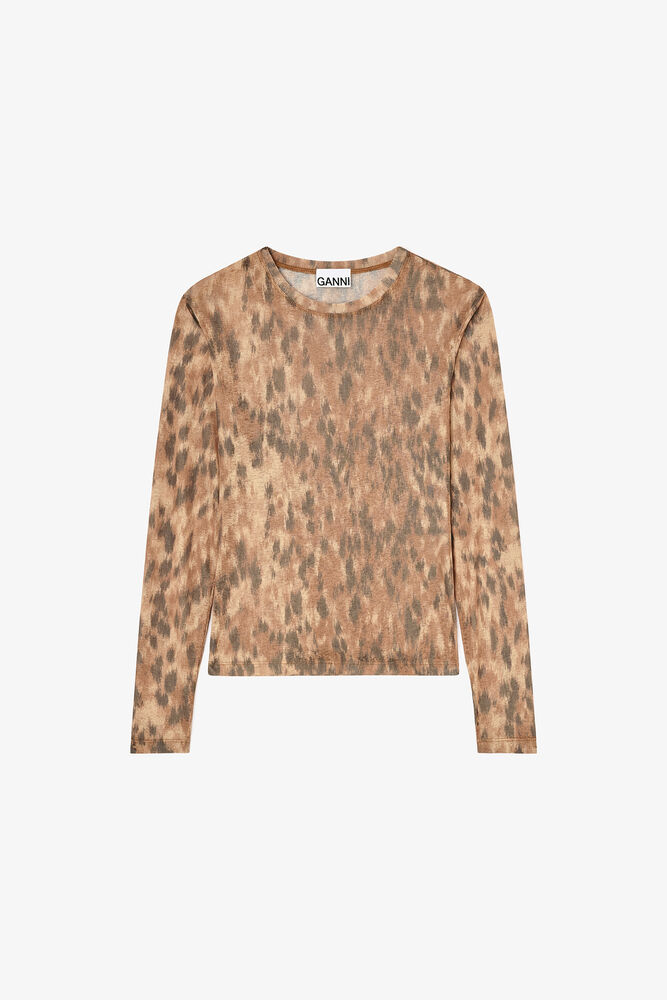 Long-sleeve Top in Printed Marl Mesh, Burro