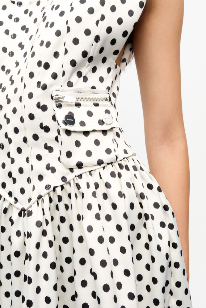 Polka-Dot Satin Corset Mini Dress, Egret