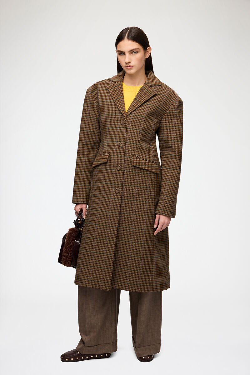 Coat in Check Twill, Recycled Wool, in colour Multicolour - 2 - GANNI