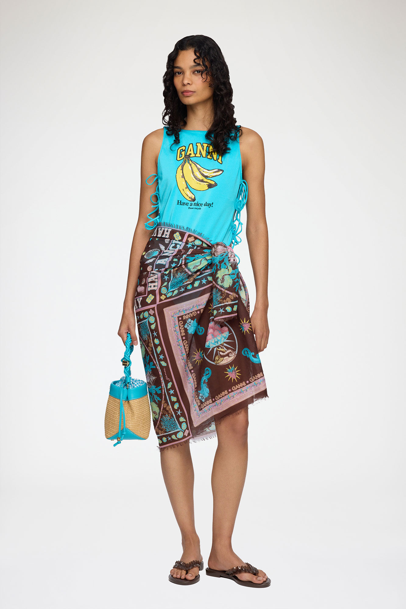 Pareu Scarf in Printed Cotton, Organic Cotton, in colour Multicolour - 1 - GANNI