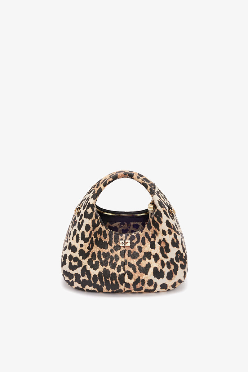 Mini Hobo Bag in Grained Leopard, Recycled Polyester, in colour Almond Milk - 3 - GANNI