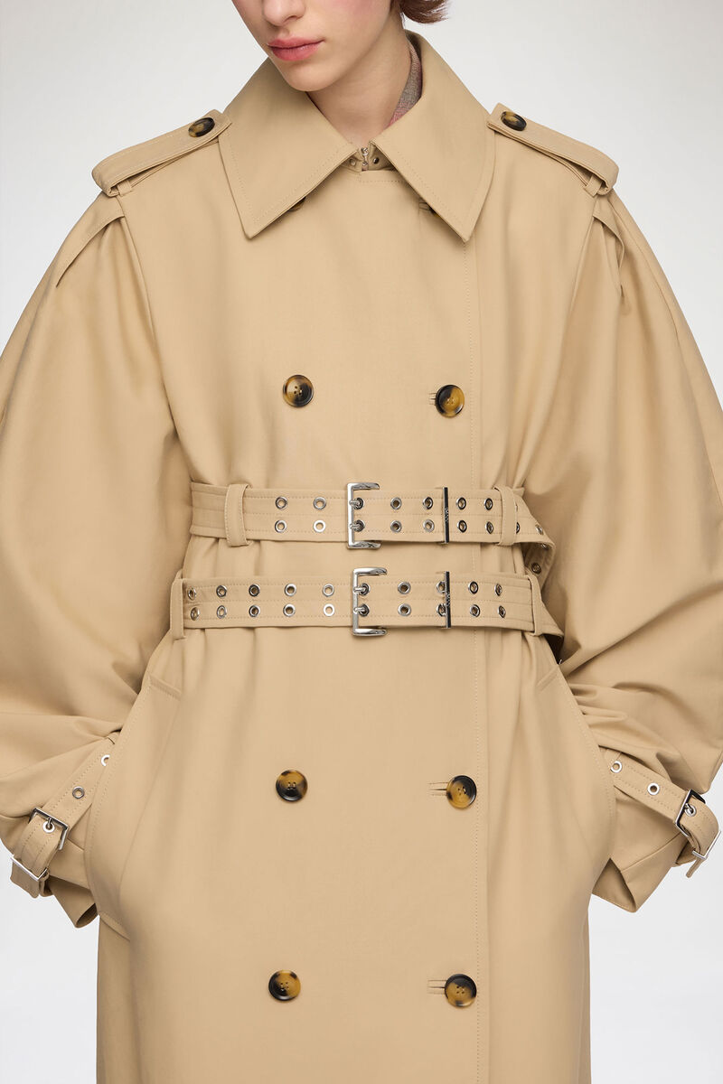 Trench Coat in Double Cotton, Organic Cotton, in colour Warm Sand - 3 - GANNI