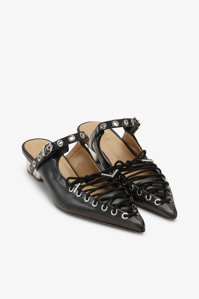 Lace-Up Mules in Black Oleatex, Black