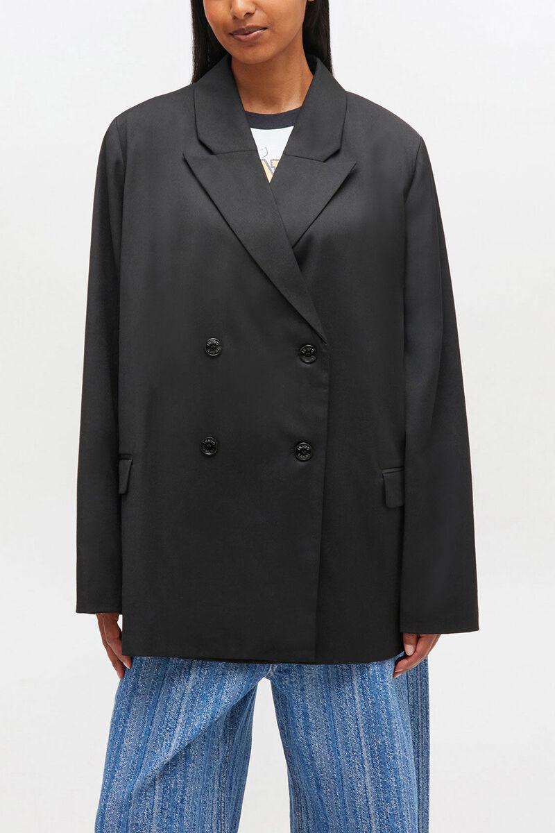 Double-breasted Wool Blazer, Recycled Polyester, in colour Black - 1 - GANNI