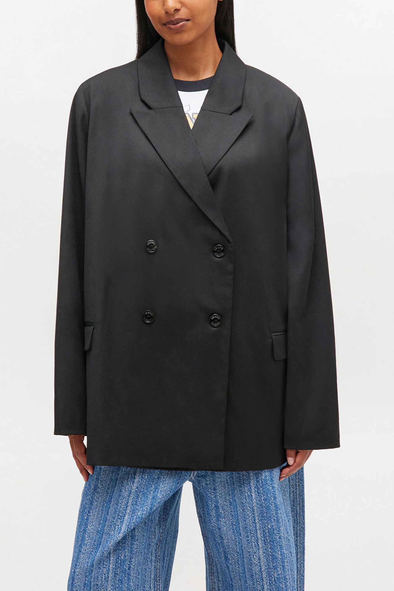 Double-breasted Wool Blazer, Recycled Polyester, in colour Black - 1 - GANNI